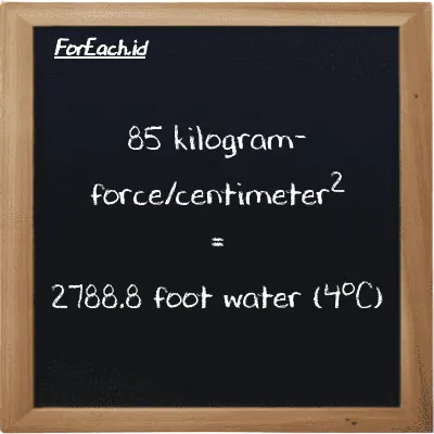 Cara konversi kilogram-force/centimeter<sup>2</sup> ke kaki air (4<sup>o</sup>C) (kgf/cm<sup>2</sup> ke ftH2O): 85 kilogram-force/centimeter<sup>2</sup> (kgf/cm<sup>2</sup>) setara dengan 85 dikalikan dengan 32.809 kaki air (4<sup>o</sup>C) (ftH2O)